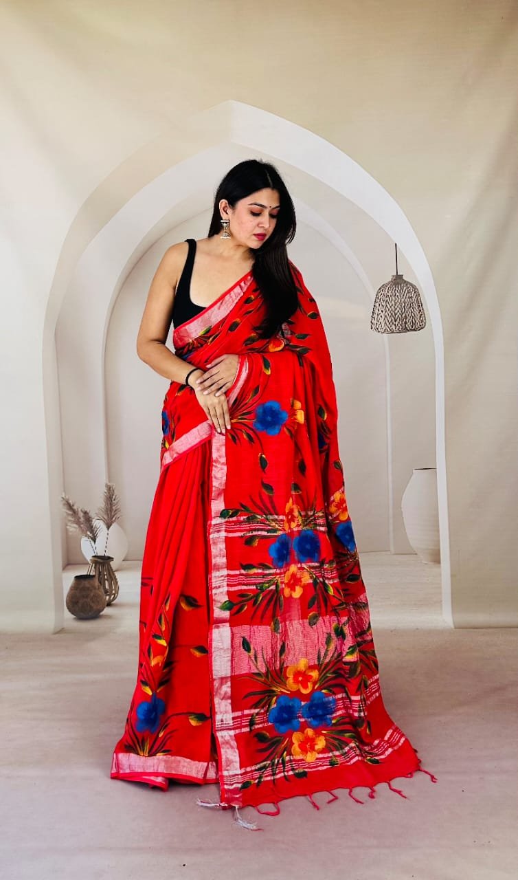 Hand Block Printed Linen Saree with Blouse